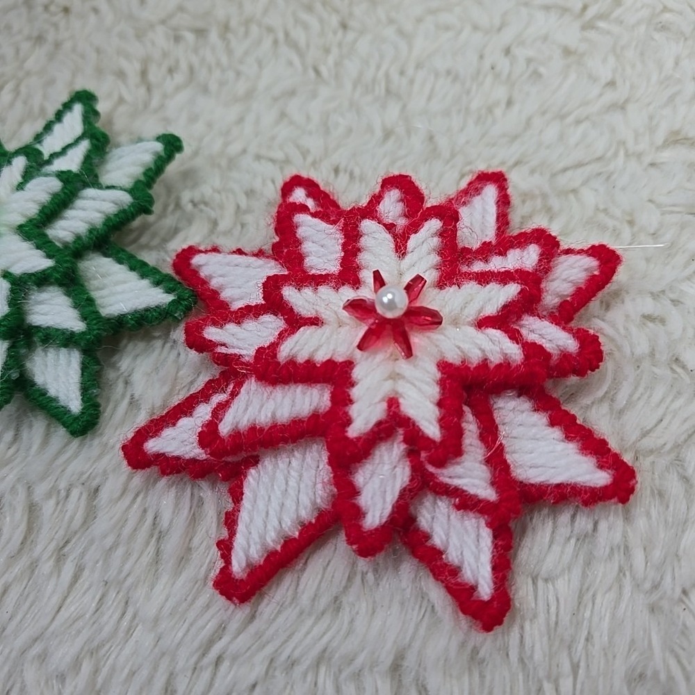 Vintage Handmade Needlepoint Star Christmas Ornament (2) Needlecraft Red & Green - Picture 3 of 6